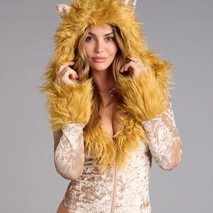 Windsor Champagne Velvet Bodysuit with Mustard Faux Fur Hood